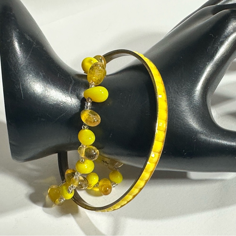 Glass Beads & Brass Bangle Yellow Bracelets Lot of 2 Oval Cha Cha Beads Boho
